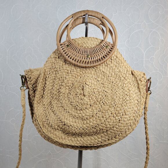 VINTAGE Woven Wooden Cinch Bag Brown Circle Handmade Rattan Summer‎ Beach Bag - Picture 7 of 14